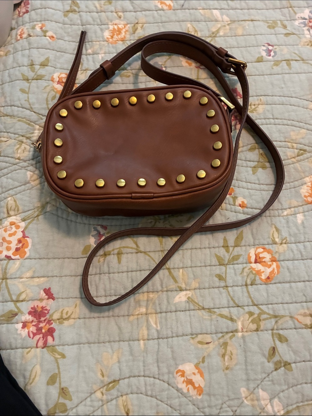 Fossil Brown Leather Crossbody with Gold Studs